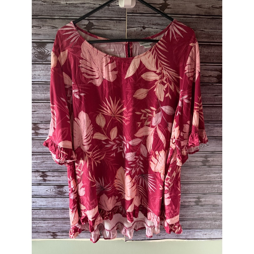 Avenue Women's  Ruffle Short-Sleeve Top Size 26/28 Tropical Floral Red/Pink